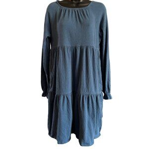 Lands End Womens Dress XL (14.5-16.5)  Blue Long Sleeve Tiered Midi